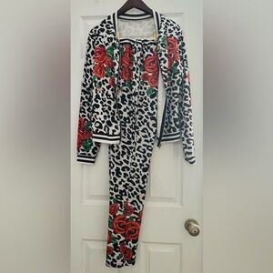 Leopard Print Jacket and Pants Set with Red Roses